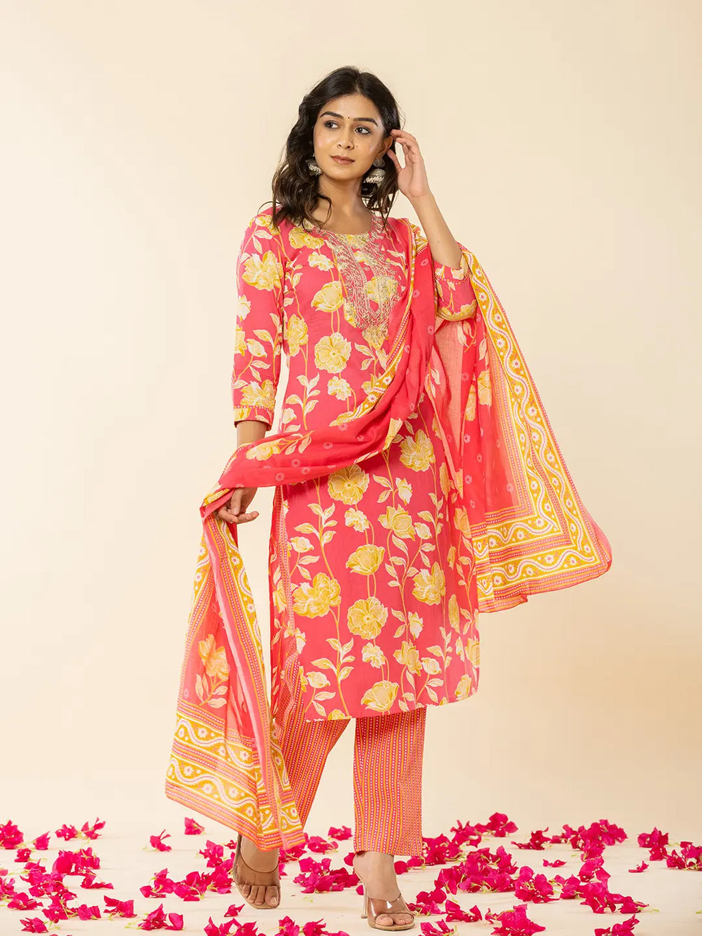 Yufta Pink Cotton Sequins_Work Straight Kurta Dupatta Pant Set