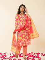 Yufta Pink Cotton Sequins_Work Straight Kurta Dupatta Pant Set