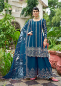 Monjolika Fashion Peacock Blue Embroidered Chinnon Readymade Palazzo Kameez for Festival - Distacart