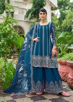Monjolika Fashion Peacock Blue Embroidered Chinnon Readymade Palazzo Kameez for Festival - Distacart
