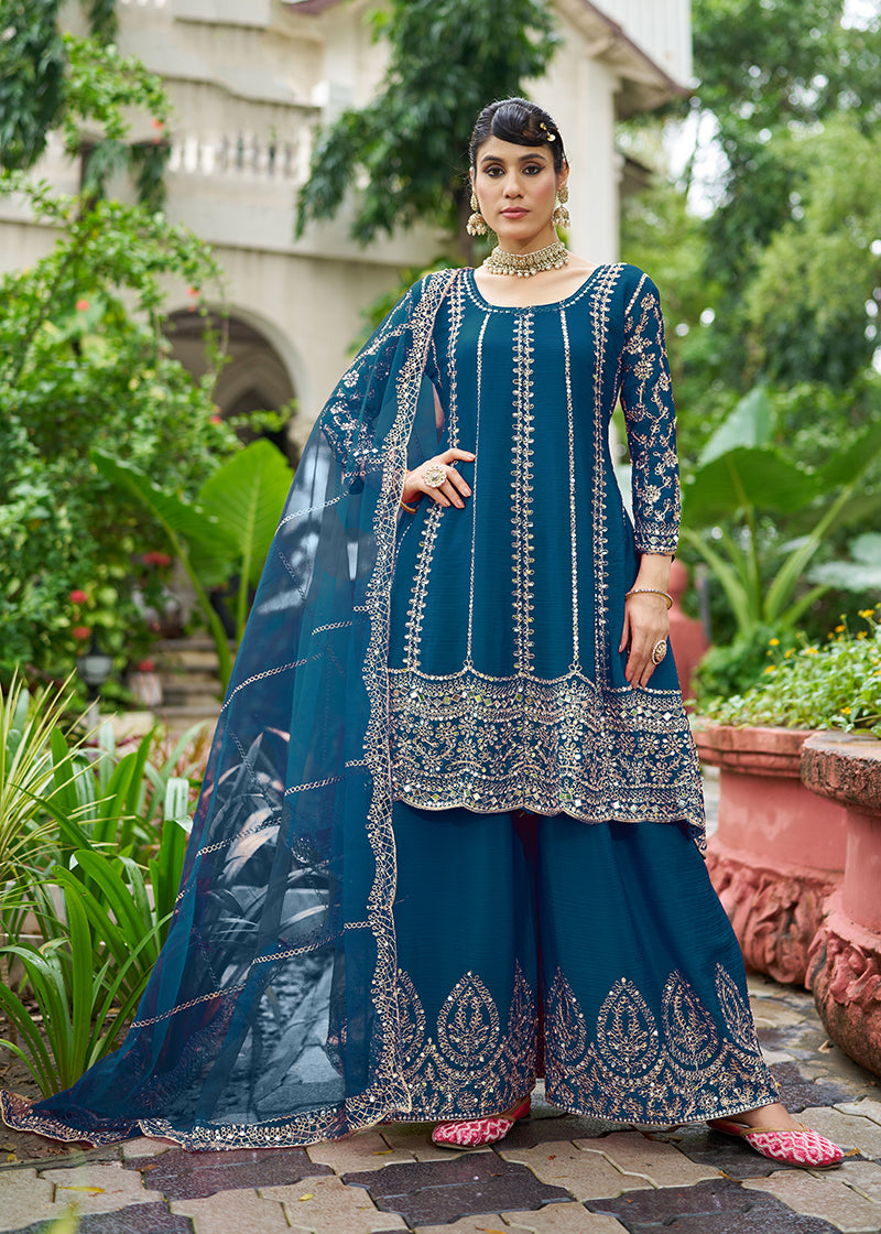 Monjolika Fashion Peacock Blue Embroidered Chinnon Readymade Palazzo Kameez for Festival - Distacart