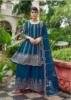 Monjolika Fashion Peacock Blue Embroidered Chinnon Readymade Palazzo Kameez for Festival - Distacart