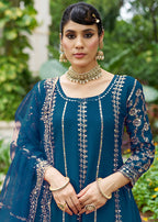 Monjolika Fashion Peacock Blue Embroidered Chinnon Readymade Palazzo Kameez for Festival - Distacart