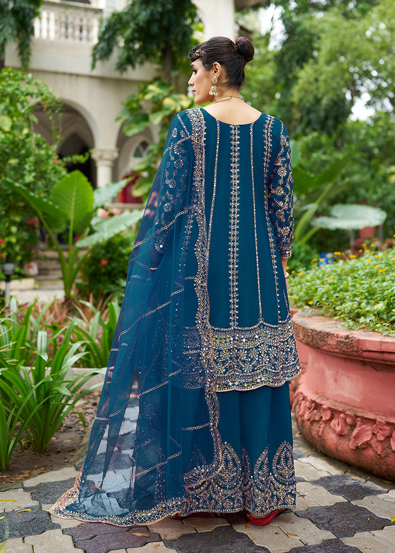 Monjolika Fashion Peacock Blue Embroidered Chinnon Readymade Palazzo Kameez for Festival - Distacart