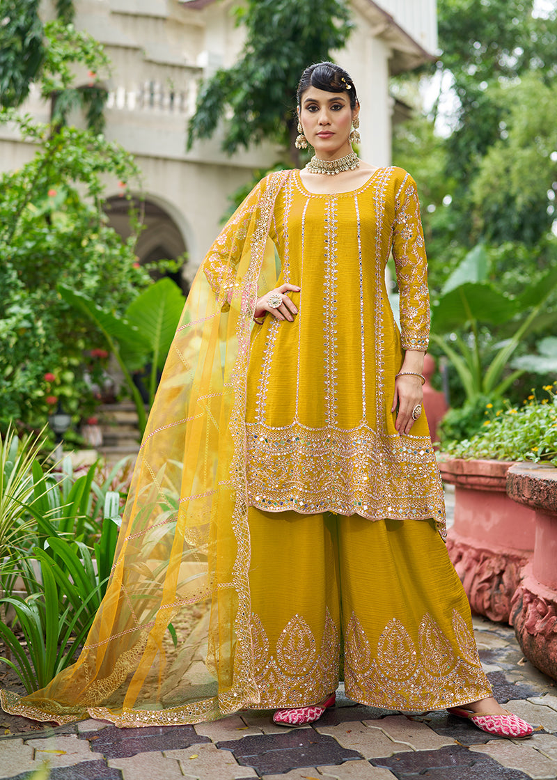 Monjolika Fashion Mustard Embroidered Chinnon Readymade Palazzo Kameez for Festival - Distacart