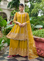 Monjolika Fashion Mustard Embroidered Chinnon Readymade Palazzo Kameez for Festival - Distacart