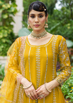 Monjolika Fashion Mustard Embroidered Chinnon Readymade Palazzo Kameez for Festival - Distacart