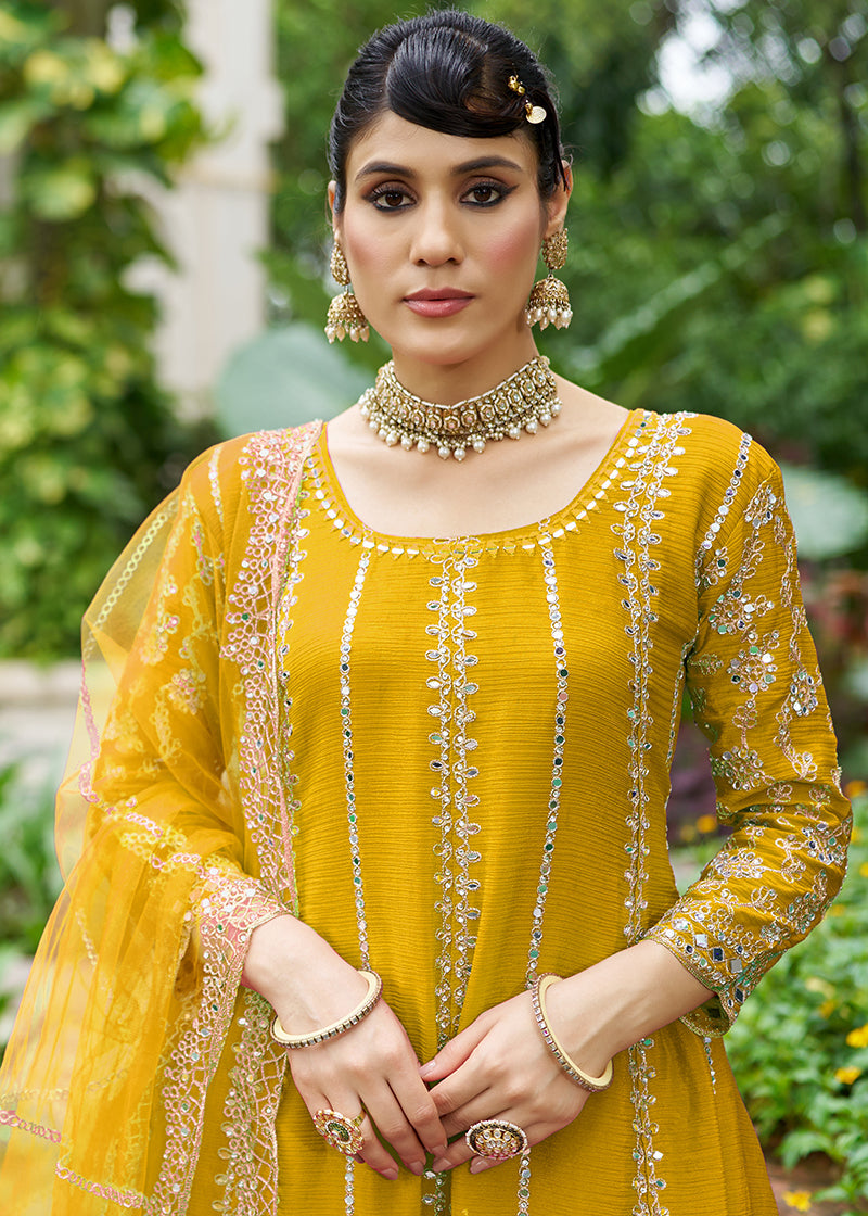 Monjolika Fashion Mustard Embroidered Chinnon Readymade Palazzo Kameez for Festival - Distacart