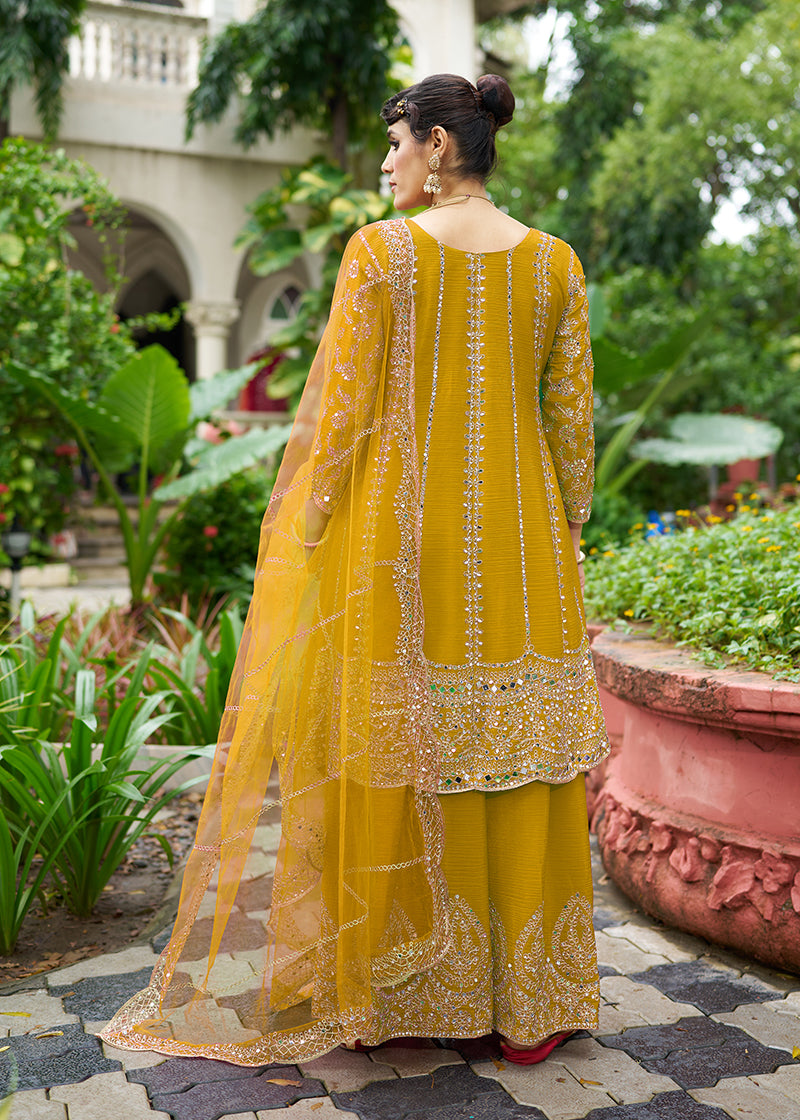 Monjolika Fashion Mustard Embroidered Chinnon Readymade Palazzo Kameez for Festival - Distacart