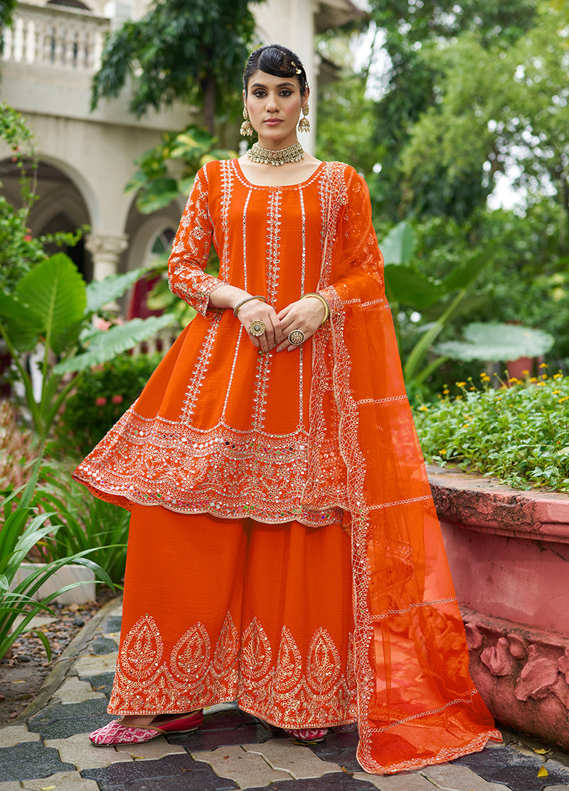 Monjolika Fashion Orange Embroidered Chinnon Readymade Palazzo Kameez for Festival - Distacart