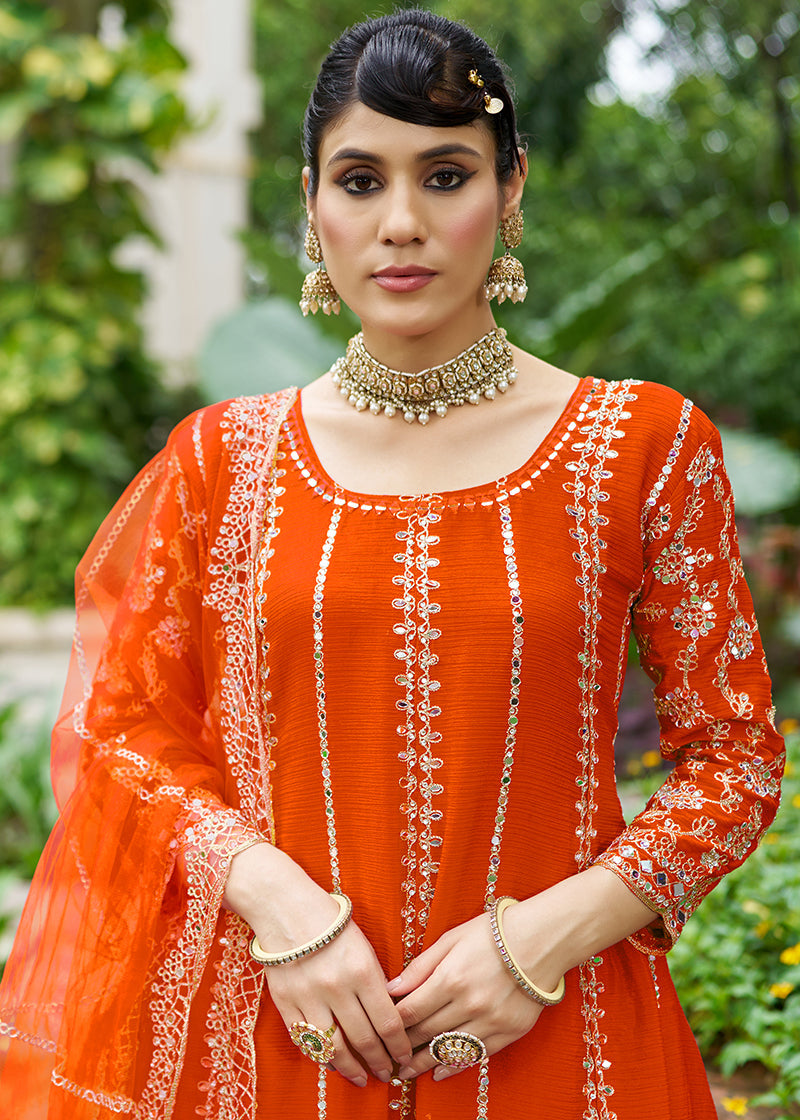 Monjolika Fashion Orange Embroidered Chinnon Readymade Palazzo Kameez for Festival - Distacart