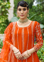 Monjolika Fashion Orange Embroidered Chinnon Readymade Palazzo Kameez for Festival - Distacart