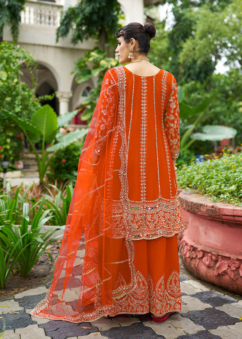 Monjolika Fashion Orange Embroidered Chinnon Readymade Palazzo Kameez for Festival - Distacart