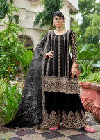 Monjolika Fashion Black Embroidered Chinnon Readymade Palazzo Kameez for Festival - Distacart