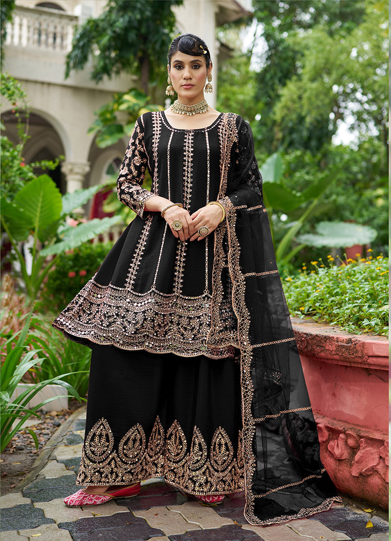 Monjolika Fashion Black Embroidered Chinnon Readymade Palazzo Kameez for Festival - Distacart