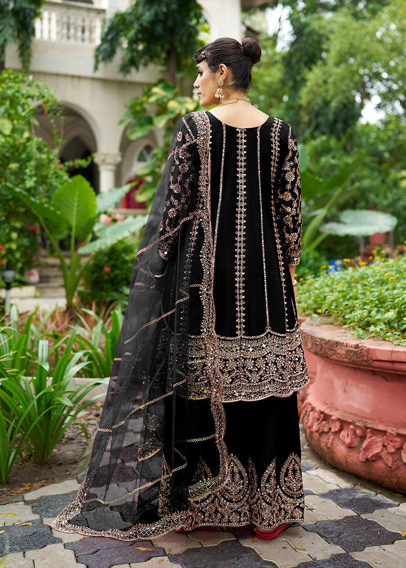 Monjolika Fashion Black Embroidered Chinnon Readymade Palazzo Kameez for Festival - Distacart