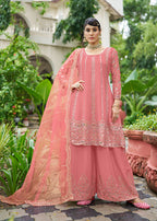 Monjolika Fashion Pink Embroidered Chinnon Readymade Palazzo Kameez for Festival - Distacart