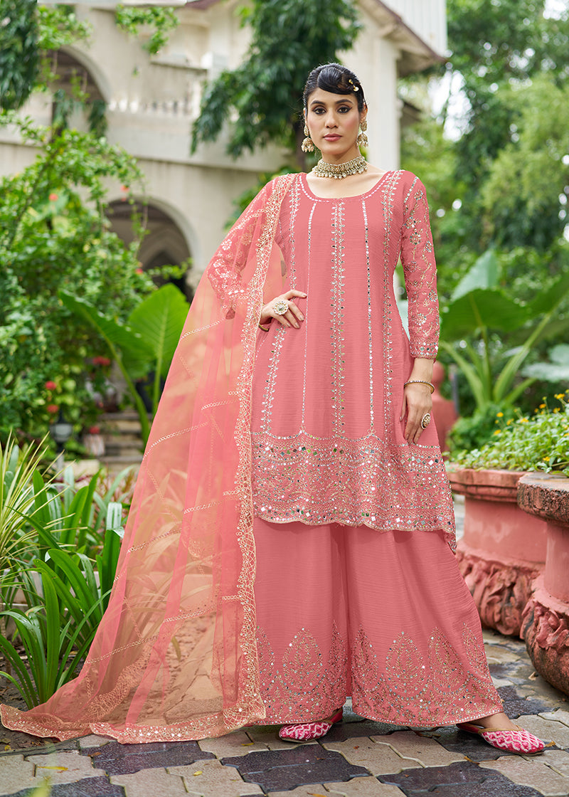 Monjolika Fashion Pink Embroidered Chinnon Readymade Palazzo Kameez for Festival - Distacart