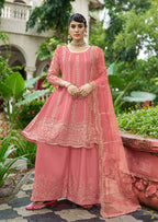 Monjolika Fashion Pink Embroidered Chinnon Readymade Palazzo Kameez for Festival - Distacart