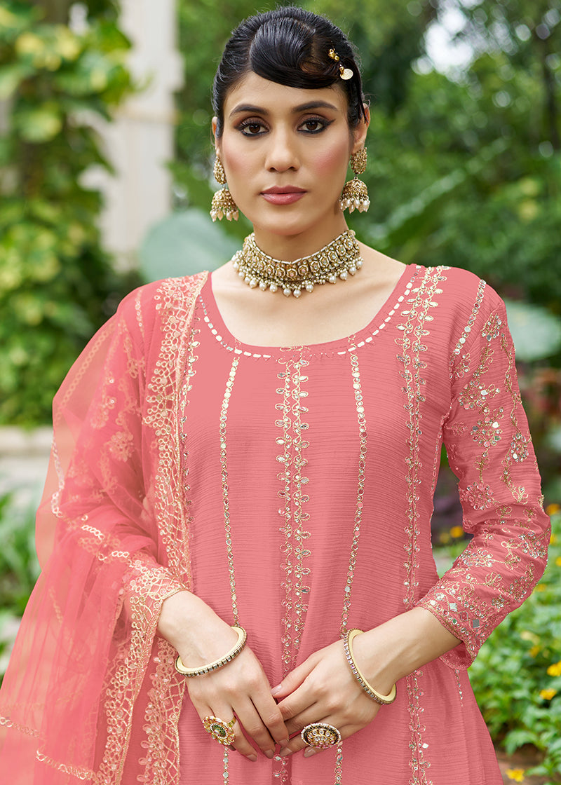 Monjolika Fashion Pink Embroidered Chinnon Readymade Palazzo Kameez for Festival - Distacart