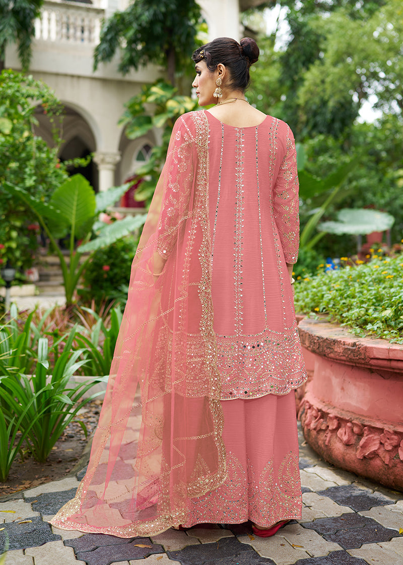 Monjolika Fashion Pink Embroidered Chinnon Readymade Palazzo Kameez for Festival - Distacart