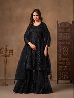 Monjolika Fashion Black Embroidered Net Party Palazzo Salwar Suit