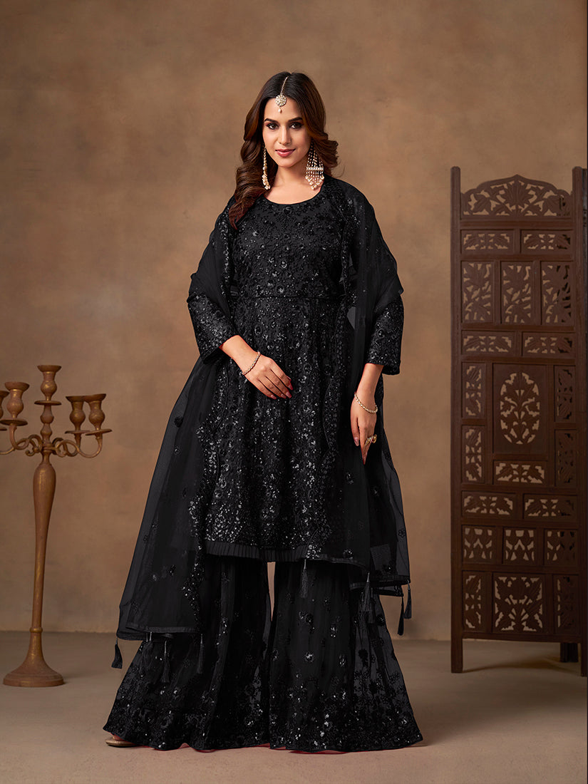 Monjolika Fashion Black Embroidered Net Party Palazzo Salwar Suit