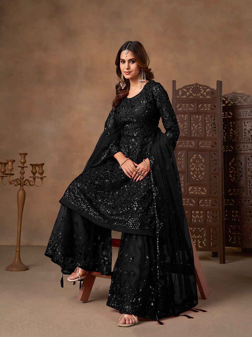 Monjolika Fashion Black Embroidered Net Party Palazzo Salwar Suit