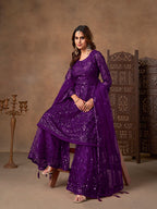 Monjolika Fashion Purple Embroidered Net Party Palazzo Salwar Suit