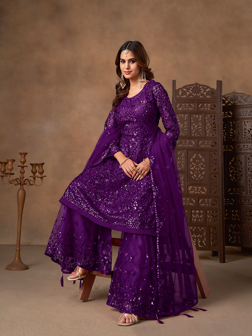 Monjolika Fashion Purple Embroidered Net Party Palazzo Salwar Suit