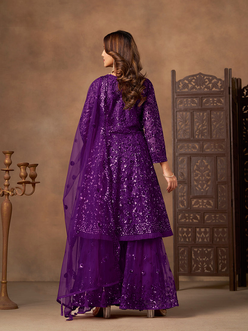 Monjolika Fashion Purple Embroidered Net Party Palazzo Salwar Suit