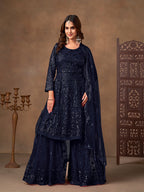 Monjolika Fashion Navy Blue Embroidered Net Party Palazzo Salwar Suit - Distacart