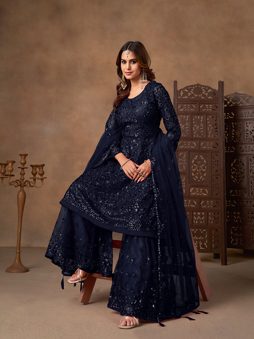 Monjolika Fashion Navy Blue Embroidered Net Party Palazzo Salwar Suit - Distacart
