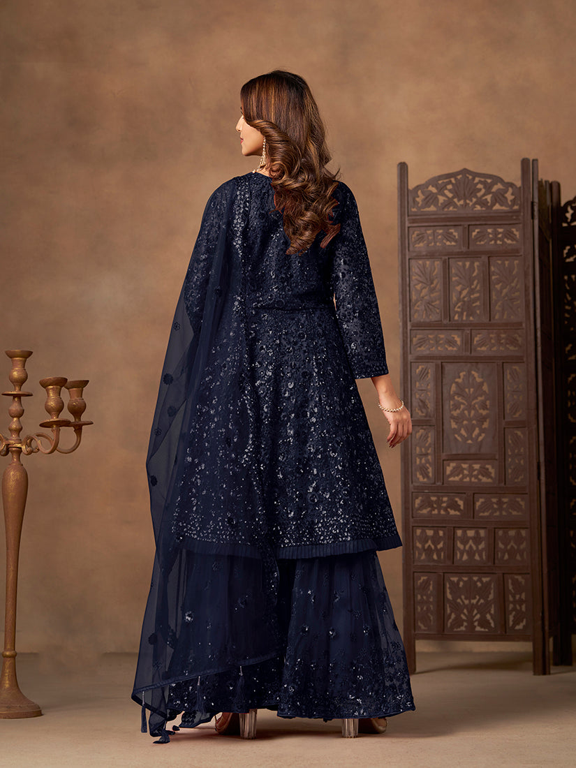 Monjolika Fashion Navy Blue Embroidered Net Party Palazzo Salwar Suit - Distacart