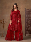 Monjolika Fashion Red Embroidered Net Party Palazzo Salwar Suit