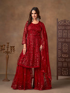 Monjolika Fashion Red Embroidered Net Party Palazzo Salwar Suit
