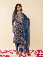 Yufta Blue Cotton Dori_Embroidery Straight Kurta Dupatta Pant Set