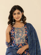 Yufta Blue Cotton Dori_Embroidery Straight Kurta Dupatta Pant Set