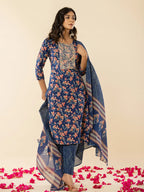 Yufta Blue Cotton Dori_Embroidery Straight Kurta Dupatta Pant Set