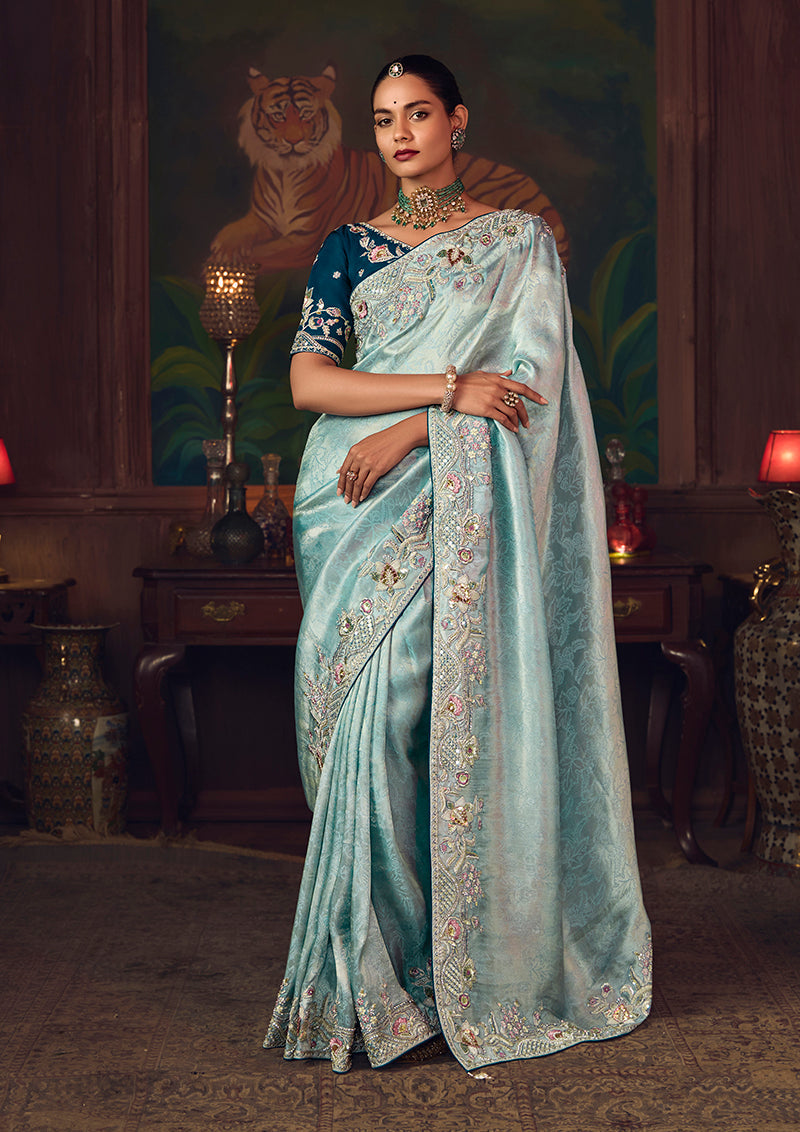 Monjolika Fashion Sky Blue Zari Woven Silk Blend Embroidered Saree For Wedding Wear - Distacart