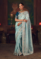 Monjolika Fashion Sky Blue Zari Woven Silk Blend Embroidered Saree For Wedding Wear - Distacart