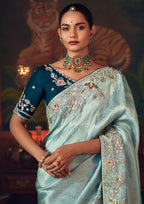 Monjolika Fashion Sky Blue Zari Woven Silk Blend Embroidered Saree For Wedding Wear - Distacart