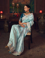 Monjolika Fashion Sky Blue Zari Woven Silk Blend Embroidered Saree For Wedding Wear - Distacart