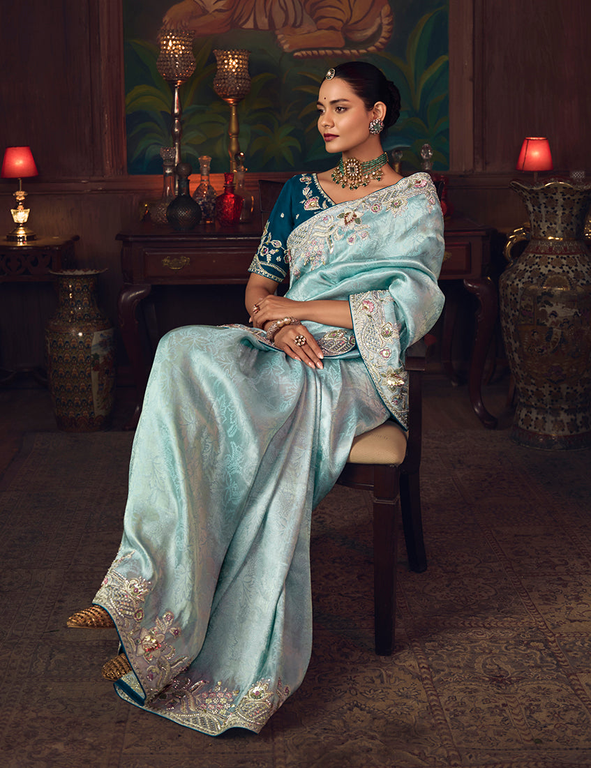Monjolika Fashion Sky Blue Zari Woven Silk Blend Embroidered Saree For Wedding Wear - Distacart
