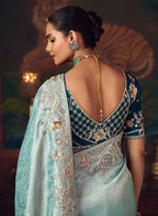 Monjolika Fashion Sky Blue Zari Woven Silk Blend Embroidered Saree For Wedding Wear - Distacart