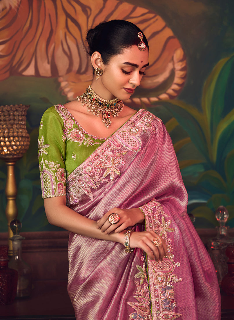 Monjolika Fashion Onion Pink Zari Woven Silk Blend Embroidered Saree For Wedding Wear - Distacart