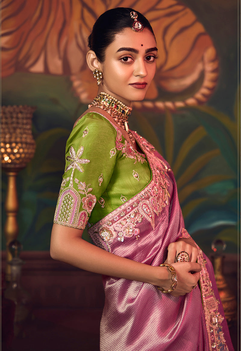 Monjolika Fashion Onion Pink Zari Woven Silk Blend Embroidered Saree For Wedding Wear - Distacart