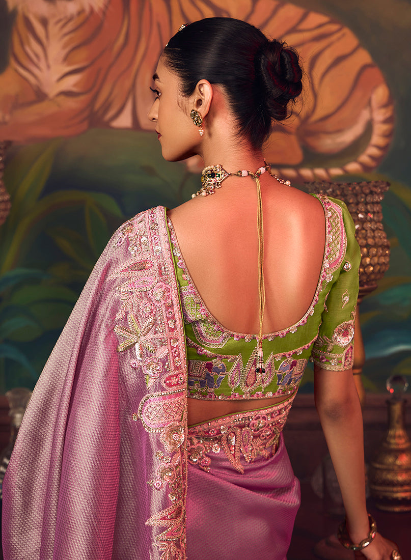 Monjolika Fashion Onion Pink Zari Woven Silk Blend Embroidered Saree For Wedding Wear - Distacart