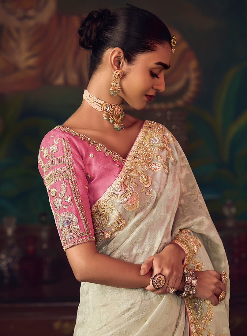 Monjolika Fashion Off White Zari Woven Silk Blend Embroidered Saree For Wedding Wear - Distacart