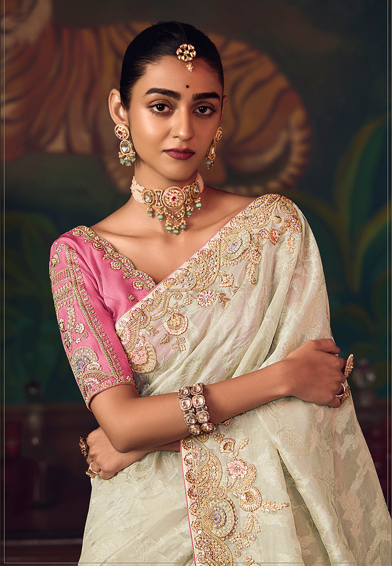 Monjolika Fashion Off White Zari Woven Silk Blend Embroidered Saree For Wedding Wear - Distacart